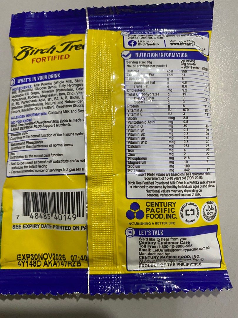 Birch Tree 33g (Category: Other Food & Drinks) located in Makati City. Submitted by basicsndeclutter (Listing ID 1320150847, Image 2). Description: Birch Tree Fortified Milk Powdered Milk Drink 33g sachet .