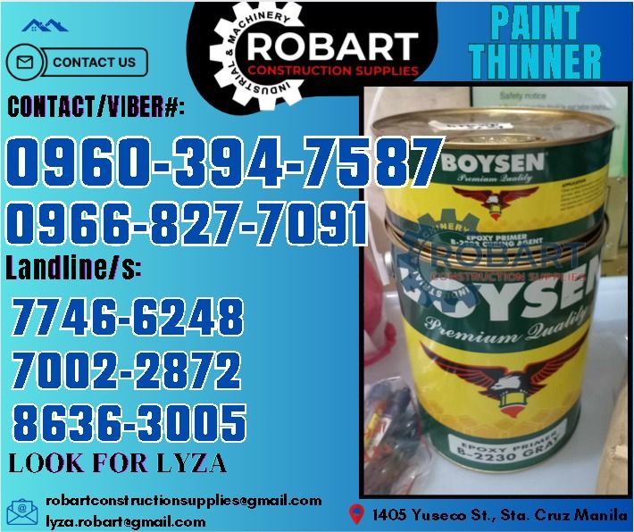 Boysen Paint Thinner (Category: Construction Tools & Equipment) located in Manila. Submitted by lyzarobart11 (Listing ID 1320115934, Image 1). Description: Paint Thinner Brand: Boysen 𝑹𝑶𝑩𝑨𝑹𝑻 𝑪𝑶𝑵𝑺𝑻𝑹𝑼𝑪𝑻𝑰𝑶𝑵 𝑺𝑼𝑷𝑷𝑳𝑰𝑬𝑺 𝒪𝒻𝒻𝒾𝒸𝑒 𝒜𝒹𝒹𝓇𝑒𝓈𝓈: 𝟣𝟦𝟢𝟧 𝒴𝓊𝓈𝑒𝒸𝑜 𝒮𝓉. 𝒮𝓉𝒶 𝒞𝓇𝓊𝓏 𝑀𝒶𝓃𝒾𝓁𝒶 ꜱᴇɴᴅ ᴜꜱ ᴍᴇꜱꜱᴀɢᴇ ꜰᴏʀ ɪɴQᴜɪʀɪᴇꜱ ‼️ ‼️ ɢʟᴏʙᴇ: (0966-827-7091) ꜱᴍʀᴛ - (0960-394-7587) ᴠɪʙʀ - (0960-394-7587) ʟᴀɴᴅʟɪɴᴇ: (8636-ʟᴏᴏᴋ