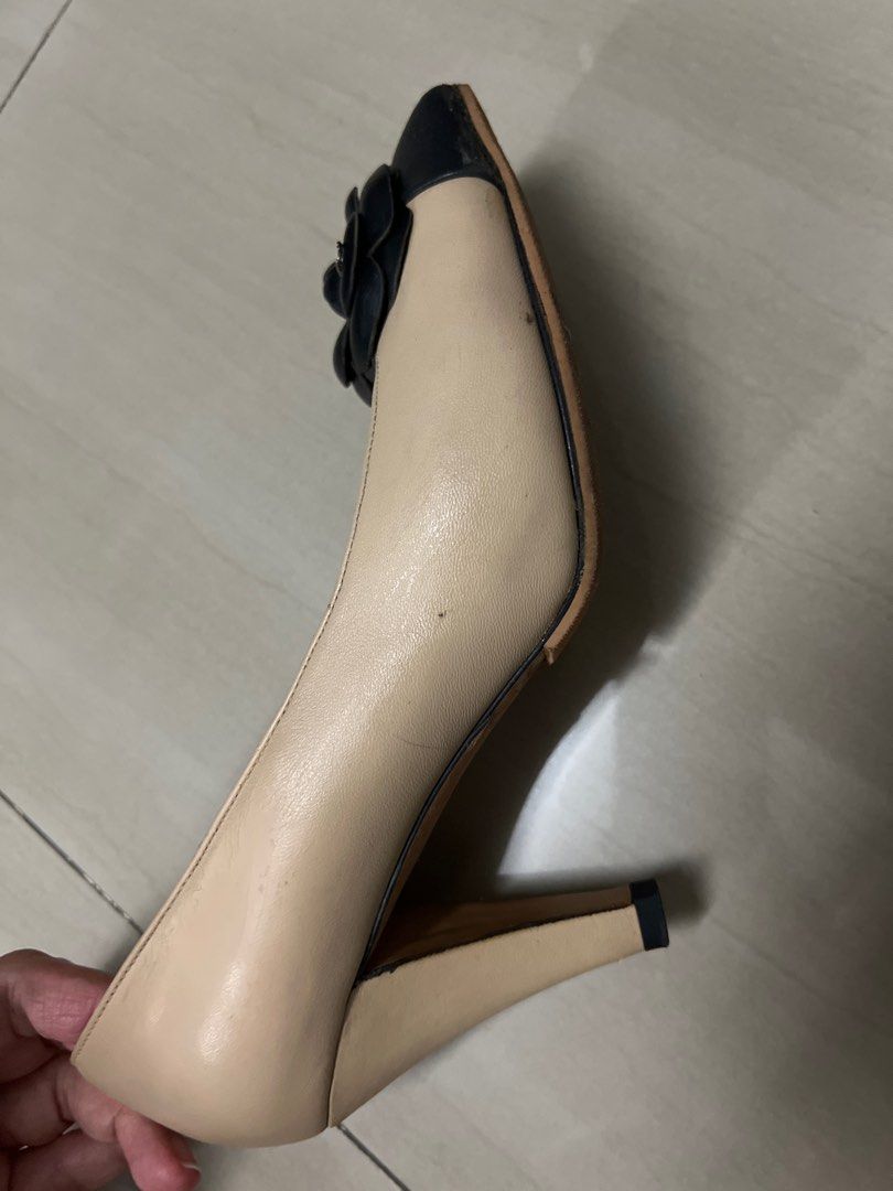 Chanel nude heels with black tips camellia logo