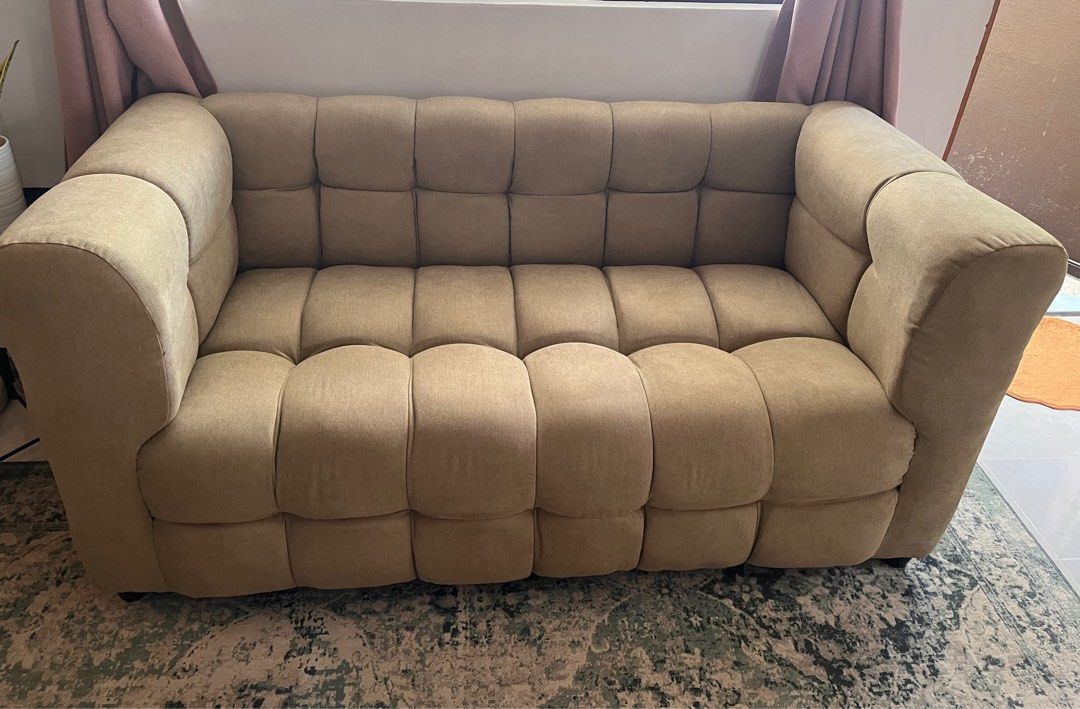 Cloud Three Seater Sofa (Category: Sofas) located in Las Pinas. Submitted by abby_e_g (Listing ID 1320086202, Image 2). Description: Onhand (1 piece) Uratex Foam / Fiber Filling Super sturdy wood frame Lime green colour to brown-ish L62” x W28” x H32” 600DS Fabric (Thick Similar to Corduroy) Location/ Las Pinas Lalamove delivery or Transportify MOP: Gcash / BDO / BPI Pm for more details. .