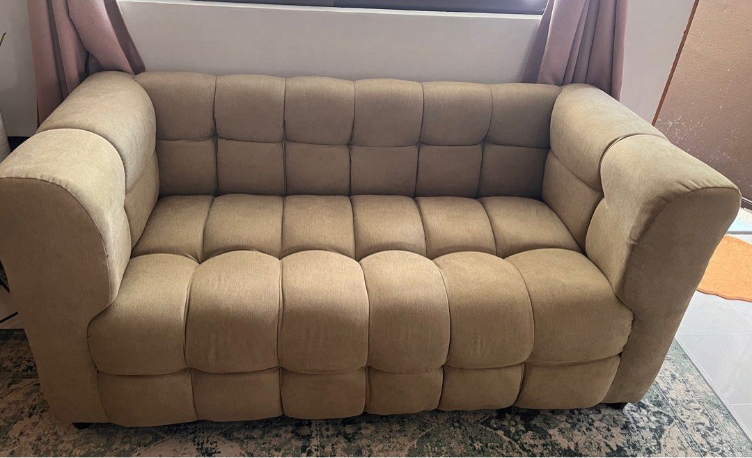 Cloud Three Seater Sofa (Category: Sofas) located in Las Pinas. Submitted by abby_e_g (Listing ID 1320086202, Image 3). Description: Onhand (1 piece) Uratex Foam / Fiber Filling Super sturdy wood frame Lime green colour to brown-ish L62” x W28” x H32” 600DS Fabric (Thick Similar to Corduroy) Location/ Las Pinas Lalamove delivery or Transportify MOP: Gcash / BDO / BPI Pm for more details. .