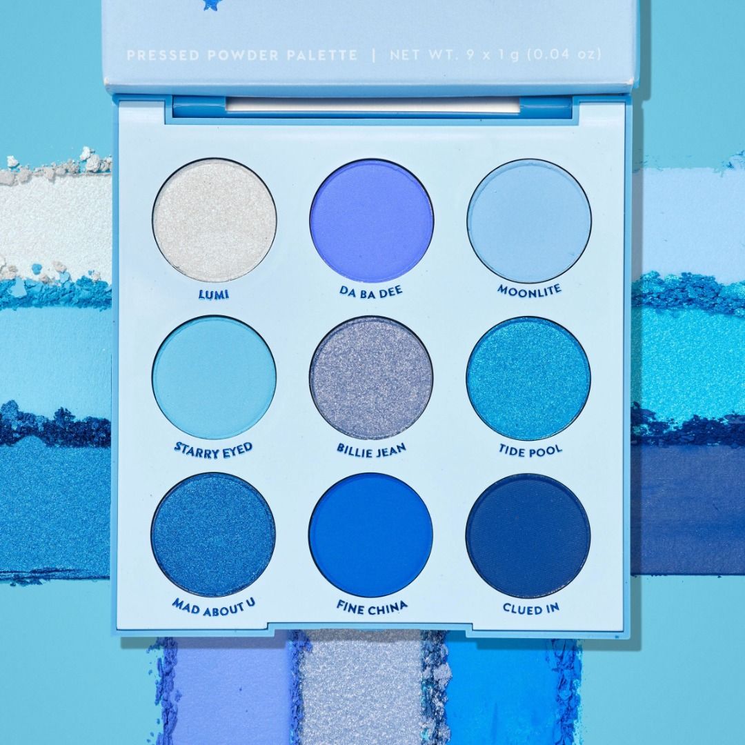 COLOURPOP BLUE MOON 9 PAN EYESHADOW PALETTE (Category: Makeup) located in Manila. Submitted by juanashopbies_ph (Listing ID 1320091438, Image 1). Description: COLOURPOP BLUE MOON 9 PAN EYESHADOW PALETTE Lumi: metallic iridescent icy blue Da Ba Dee: matte lapis blue Moonlite: matte baby blue Starry Eyed: matte sky blue Billie Jean: metallic periwinkle Tide Pool: metallic cerulean Mad About U: metallic sapphire Fine China: matte vibrant cobalt blue