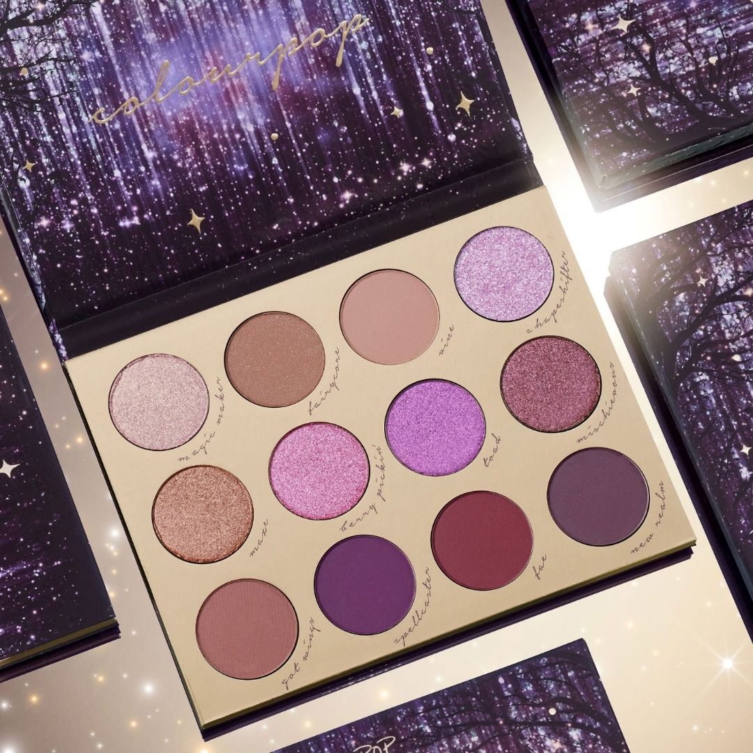 COLOURPOP ENCHANTED 12-PAN EYESHADOW PALETTE (Category: Makeup) located in Manila. Submitted by juanashopbies_ph (Listing ID 1320176706, Image 1). Description: COLOURPOP ENCHANTED 12-PAN EYESHADOW PALETTE AUTHENTIC GUARANTEED Magic Maker: metallic soft baby with gold duo chrome finish Fairycore: neutral mauve with silvery pin points Vine: matte soft dusty lavender Shapeshifter: icy lavender with rainbow glittery highlights Maze: metallic warm mau