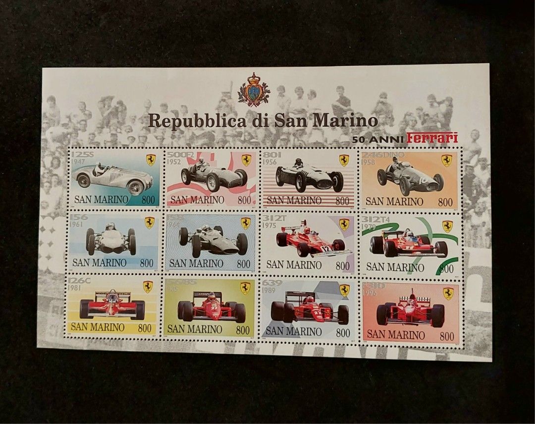 FERRARI's 50 YEARS 1947/1996 (Category: Vintage Collectibles) located in Rodriguez. Submitted by grace4marl (Listing ID 1320135817, Image 1). Description: ● San Marino Post ● 12 unused stamps and very good condition ● Ferrari's 50 years anniversary - 1947/1996.