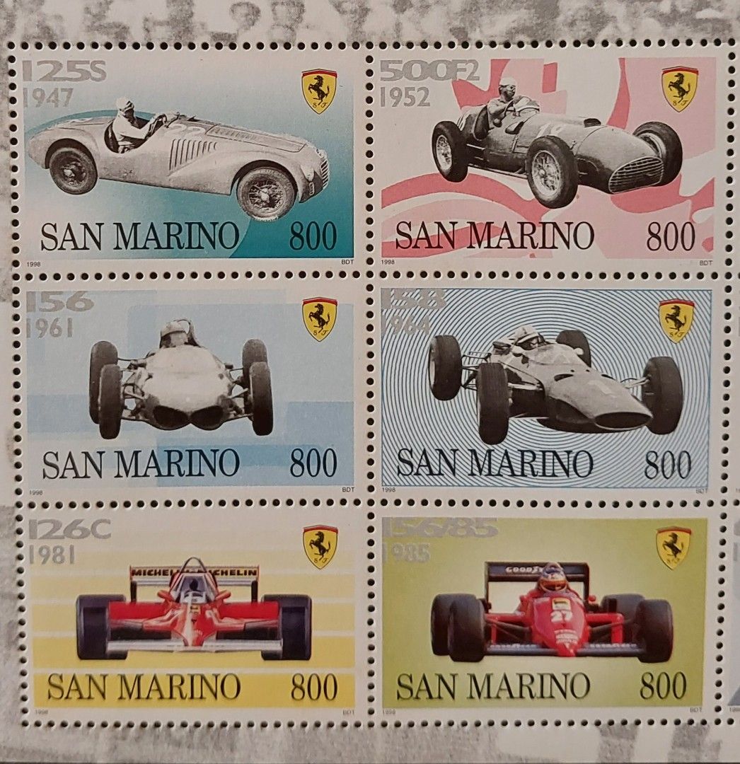 FERRARI's 50 YEARS 1947/1996 (Category: Vintage Collectibles) located in Rodriguez. Submitted by grace4marl (Listing ID 1320135817, Image 3). Description: ● San Marino Post ● 12 unused stamps and very good condition ● Ferrari's 50 years anniversary - 1947/1996.