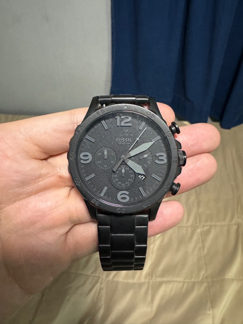 Fossil Nate Chronograph Black Dial Black Leather Strap Watch for Men - JR1510