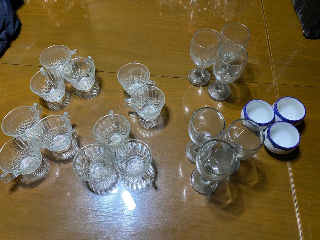 Glass goblet and teacups (Category: Coffee & Tea Tableware) located in Quezon City. Submitted by ItsSeventy (Listing ID 1320181874, Image 1). Description: Old stocks glassware -decluttering -6 glass goblets -11 glass teacups -3 ceramic teacups? (idk) -7 platitos You can check/inspect the glasswares before buying. .