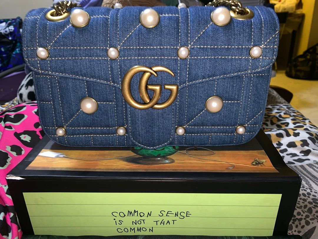 Gucci Denim Matelasse Pearl Studded GG Marmont Shoulder Bag