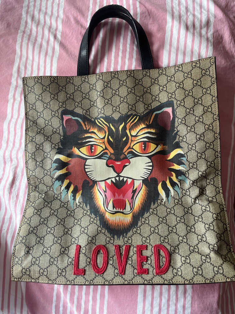 Gucci gg supreme tote with embroidered angry cat online