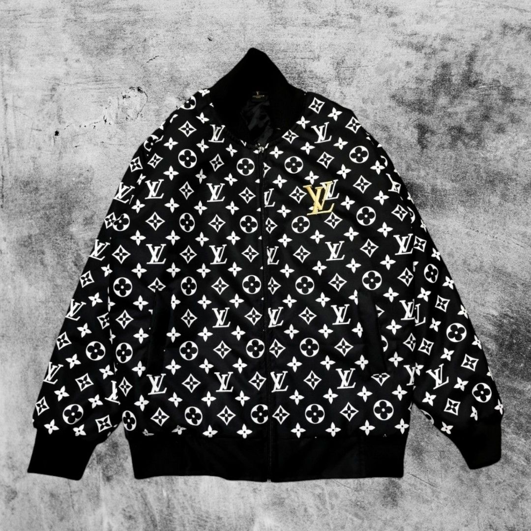 Jaket Varsity Louis Vuitton LV Full Print Zipper Hitam