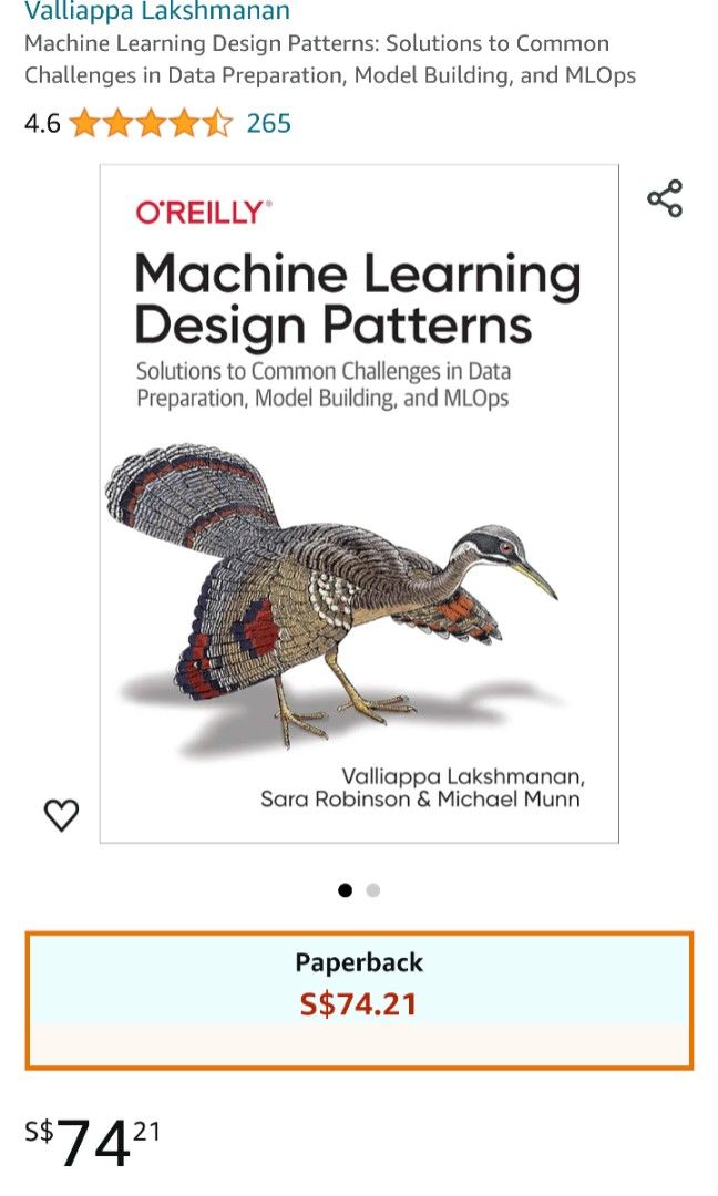 Machine learning design patterns (Category: Textbooks) located in Singapore. Submitted by naviiiera (Listing ID 1273045253, Image 1). Description: Buy with other books for discount: 3 for $5 off total 5 for $10 off total.
