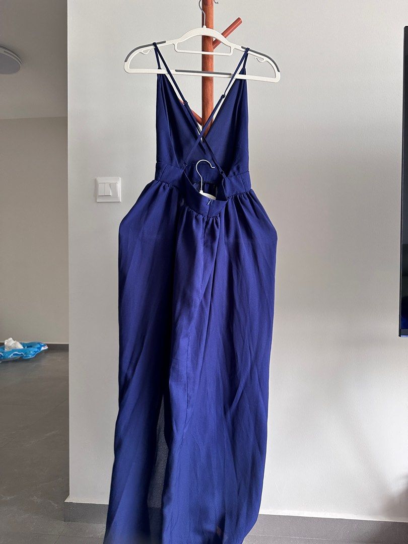 Navy Criss Cross Low Back High Slit Low Cut Flowy Dress