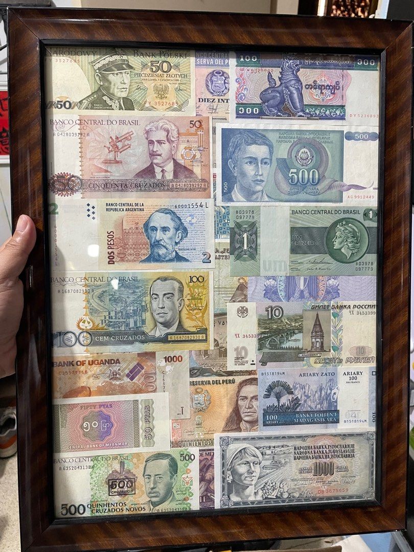 Random Framed Foreign Curency (Category: Currency) located in Pasig City. Submitted by ajimenez (Listing ID 1320074370, Image 1). Description: Random currency framed in a Japanese wood and glass. Currency from Polski, Brazil, Argentina, Uganda, Myanmar, etc. Good for office or house display and collection..