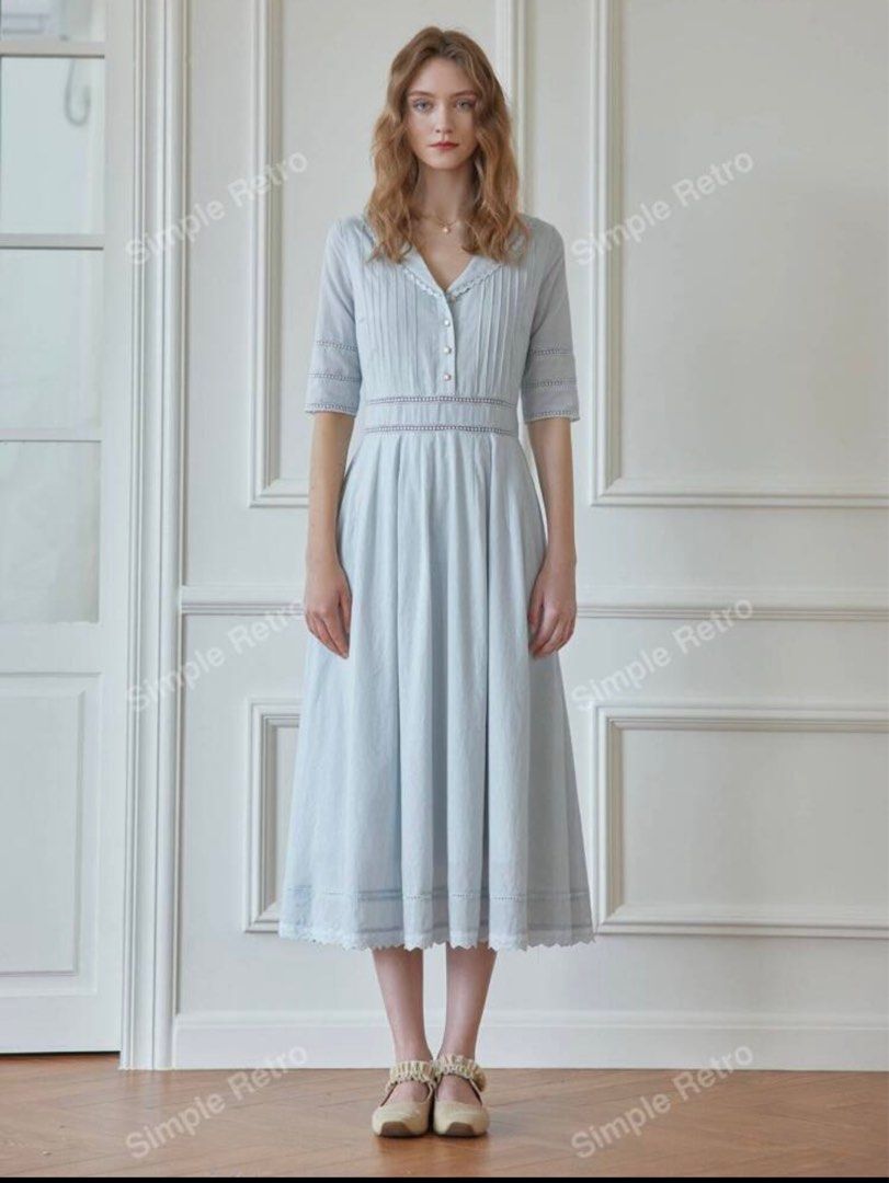 Simple Retro Lace Spliced Button Front Women s Midi Dress