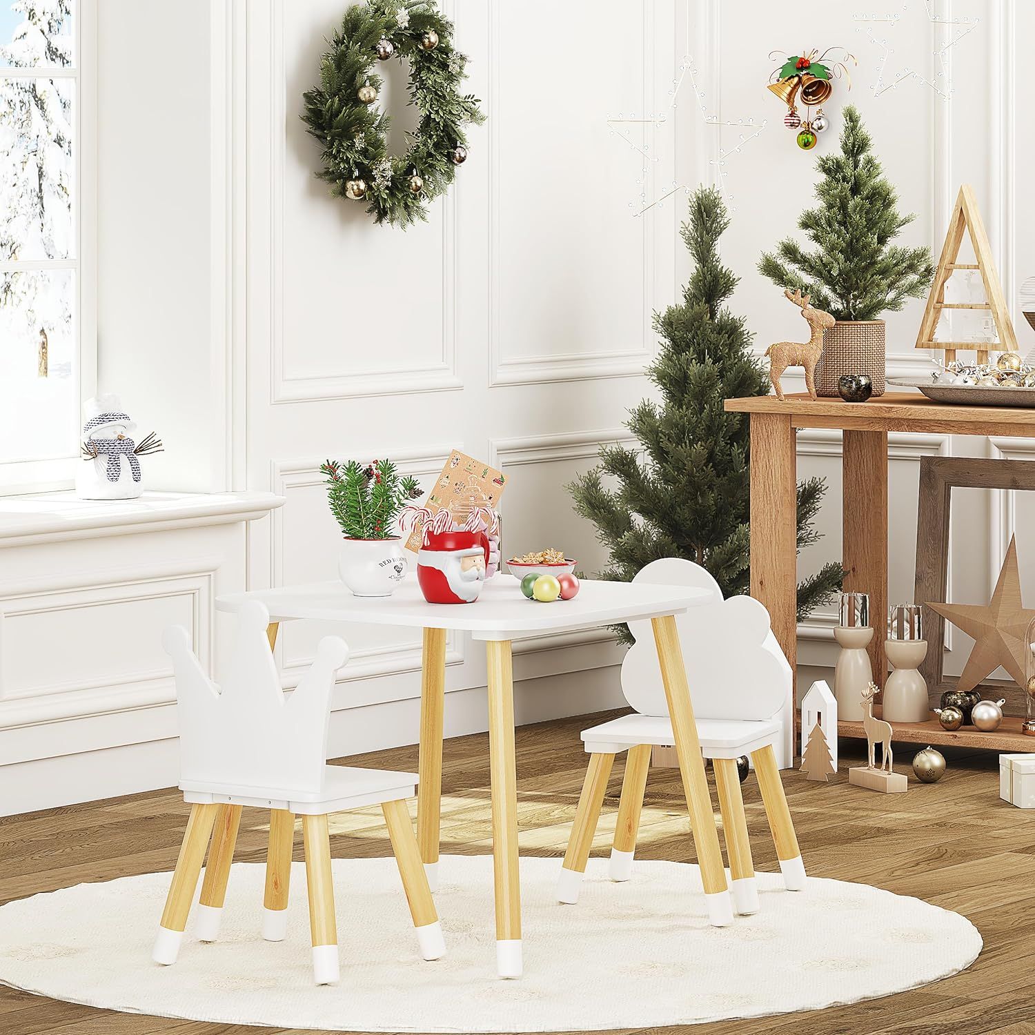 UTEX Kids Table with 2 Chairs Set Kids Table and Chair Set 3 Piece Kiddy Table and Chair Set Toddler Table and Chairs White Square Table with Crown and Cloud Chairs Babies