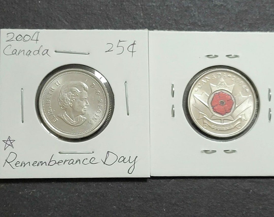 2004年加拿大罌粟花紀念幣25仙共2枚直徑23.9毫米全新BU品相車輪轉光2枚只售$80 (不散賣), 興趣及遊戲, 收藏品及紀念品, 錢幣-  Carousell