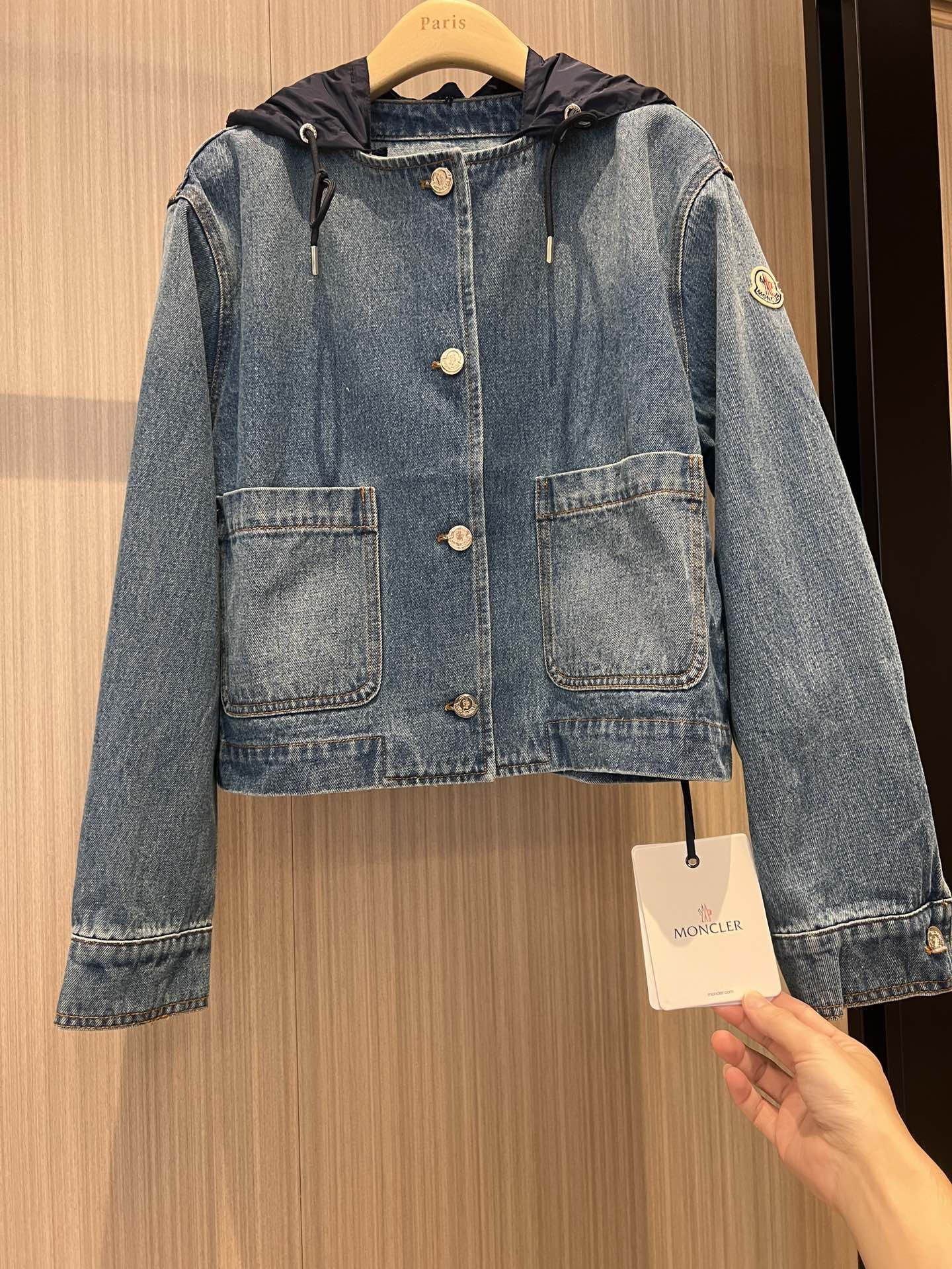 Authentic moncler removable hooded round neck denim jacket Women s Fashion Coats Jackets and Outerwear on Carousell