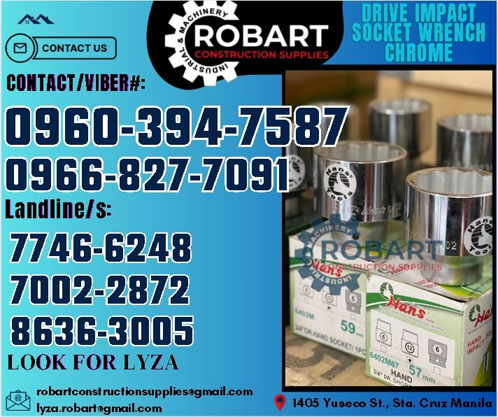 Drive Impact Socket Wrench Chrome 12Points Hans 3/4" (Category: Construction Tools & Equipment) located in Manila. Submitted by lyzarobart11 (Listing ID 1320278814, Image 1). Description: Drive Impact Socket Wrench Chrome 12Points Hans 3/4" 𝑹𝑶𝑩𝑨𝑹𝑻 𝑪𝑶𝑵𝑺𝑻𝑹𝑼𝑪𝑻𝑰𝑶𝑵 𝑺𝑼𝑷𝑷𝑳𝑰𝑬𝑺 𝒪𝒻𝒻𝒾𝒸𝑒 𝒜𝒹𝒹𝓇𝑒𝓈𝓈: 𝟣𝟦𝟢𝟧 𝒴𝓊𝓈𝑒𝒸𝑜 𝒮𝓉. 𝒮𝓉𝒶 𝒞𝓇𝓊𝓏 𝑀𝒶𝓃𝒾𝓁𝒶 ꜱᴇɴᴅ ᴜꜱ ᴍᴇꜱꜱᴀɢᴇ ꜰᴏʀ ɪɴQᴜɪʀɪᴇꜱ ‼️ ‼️ ɢʟᴏʙᴇ: (0966-827-7091) ꜱᴍʀᴛ - (0