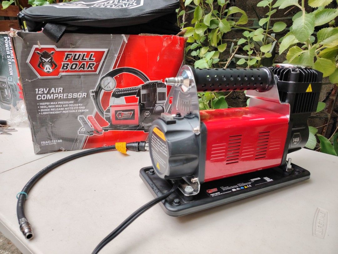 Fullboar 4WD tire air compressor (Category: Lightings, Horns, and other Electrical Parts and Accessories) located in Malolos. Submitted by axe23 (Listing ID 1320372017, Image 3). Description: This 12V DC mobile air compressor delivers up to 160L/min of air pressure. Its lightweight and portable design is ideal for camping, 4WD, sporting equipment and bikes. This compressor includes an easy-to-use tire inflation attachment plus an additional 3 inf