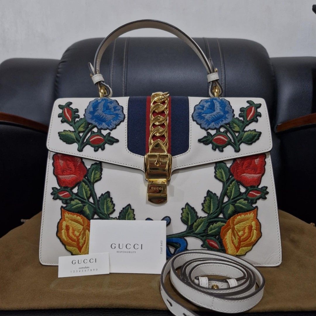 FAST BREAKSALE Gucci Medium Sylvie Embroidered Floral Detail Top Handle Bag