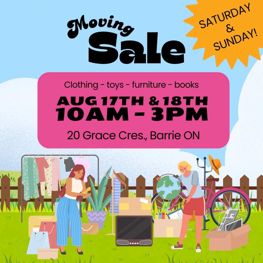 INDOOR/OUTDOOR MOVING SALE - Books, Toys, Furniture, Clothing in South end Barrie (Category: Community) located in Barrie. Submitted by rvcshop (Listing ID 1320381457, Image 1). Description: We are holding an open-house garage sale this weekend in preparation for an upcoming move! Come find furniture, antiques, toys, books, clothing and more at 20 Grace Crescent. Rain or shine! We'll have items in the garage and indoors..