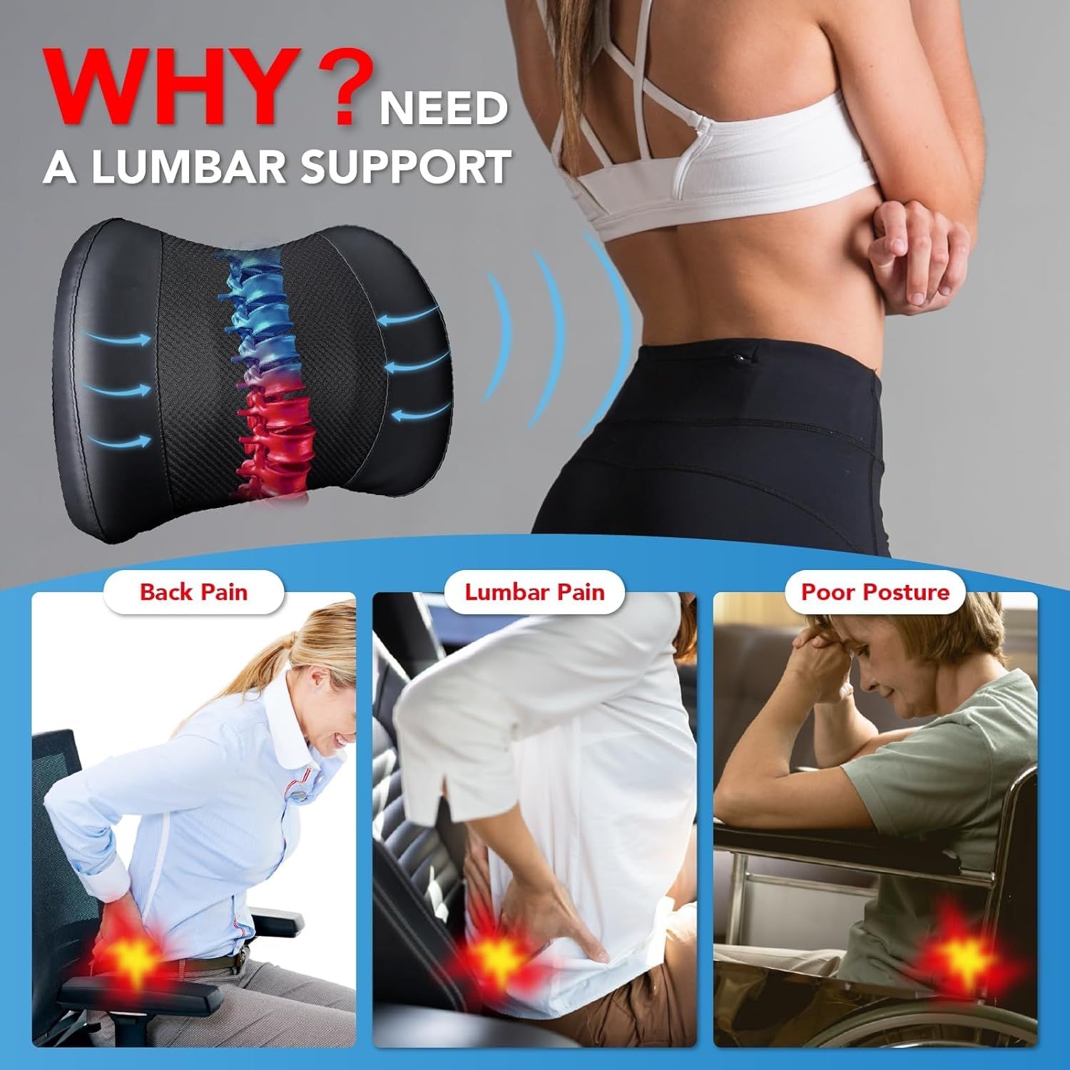 Lumbar Support Pillow Memory Foam Lumbar Pillow for Lower Back Pain Relief Car Back Cushion for Driving Lumbar Support for Car Office Chair Wheelchair Black Black Health Nutrition Braces