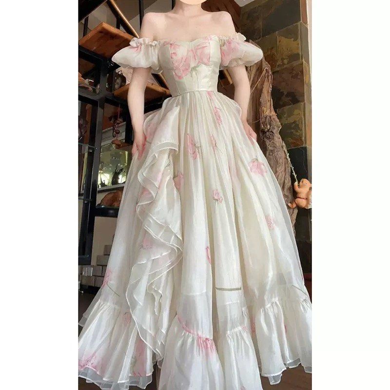 PO floral white fluffy layered dress , off shoulder or big sleeves  fairycore , prom , evening , party , event, Women's Fashion, Dresses &  Sets, Evening dresses & gowns on Carousell