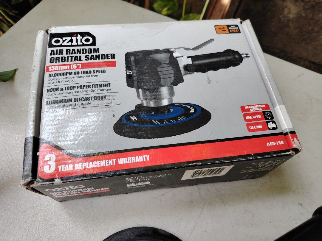 Air orbital sander (Category: Construction Tools & Equipment) located in Malolos. Submitted by axe23 (Listing ID 1320556680, Image 2). Description: Features 10,000RPM No Load Speed Hook and loop fitment Aluminium diecast body Nitto Air Fitting Included This 6" Air Sander is ideal for quickly sanding large areas such as removing material from your DIY project or sanding down car panel ready for paint. Simply connect the air sander to your air comp