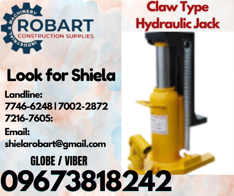 Claw Type Hydraulic Jack (Category: Construction Tools & Equipment) located in Caloocan City. Submitted by shielaroba44709 (Listing ID 1320411388, Image 1). Description: Claw Type Hydraulic Jack Code : E-9-001 Capacity : 5T 𝑹𝑶𝑩𝑨𝑹𝑻 𝑪𝑶𝑵𝑺𝑻𝑹𝑼𝑪𝑻𝑰𝑶𝑵 𝑺𝑼𝑷𝑷𝑳𝑰𝑬𝑺 Office Address: 1405 Yuseco St. Sta Cruz Manila SEND US MESSAGE FOR INQUIRIES ‼️ ‼️ Call: 09673818242 / 09662708845 Vibr - (09673818242) Landline: (𝟩𝟩𝟦𝟨-𝟨𝟤𝟦𝟪) / (�