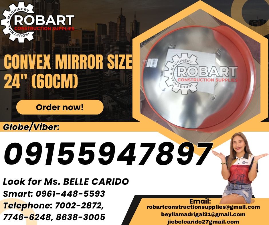 Convex Mirror (Category: Construction Tools & Equipment) located in Manila. Submitted by bellarobart (Listing ID 1320408313, Image 1). Description: Convex Mirror Size: 24" (60cm) 𝑹𝑶𝑩𝑨𝑹𝑻 𝑪𝑶𝑵𝑺𝑻𝑹𝑼𝑪𝑻𝑰𝑶𝑵 𝑺𝑼𝑷𝑷𝑳𝑰𝑬𝑺 Office Address: 1405 Yuseco St. Sta Cruz Manila SEND US MESSAGE FOR INQUIRIES ‼️ ‼️ Glb/Vibr: 0915-594-7897 Smrt: 0961-448-5593 Landline: (7746-6248 / 7002-2872) 𝓛𝓞𝓞𝓚 𝓕𝓞𝓡 𝓑𝓔𝓛𝓛𝓔 🔵 100% Trusted Supplier 🔵