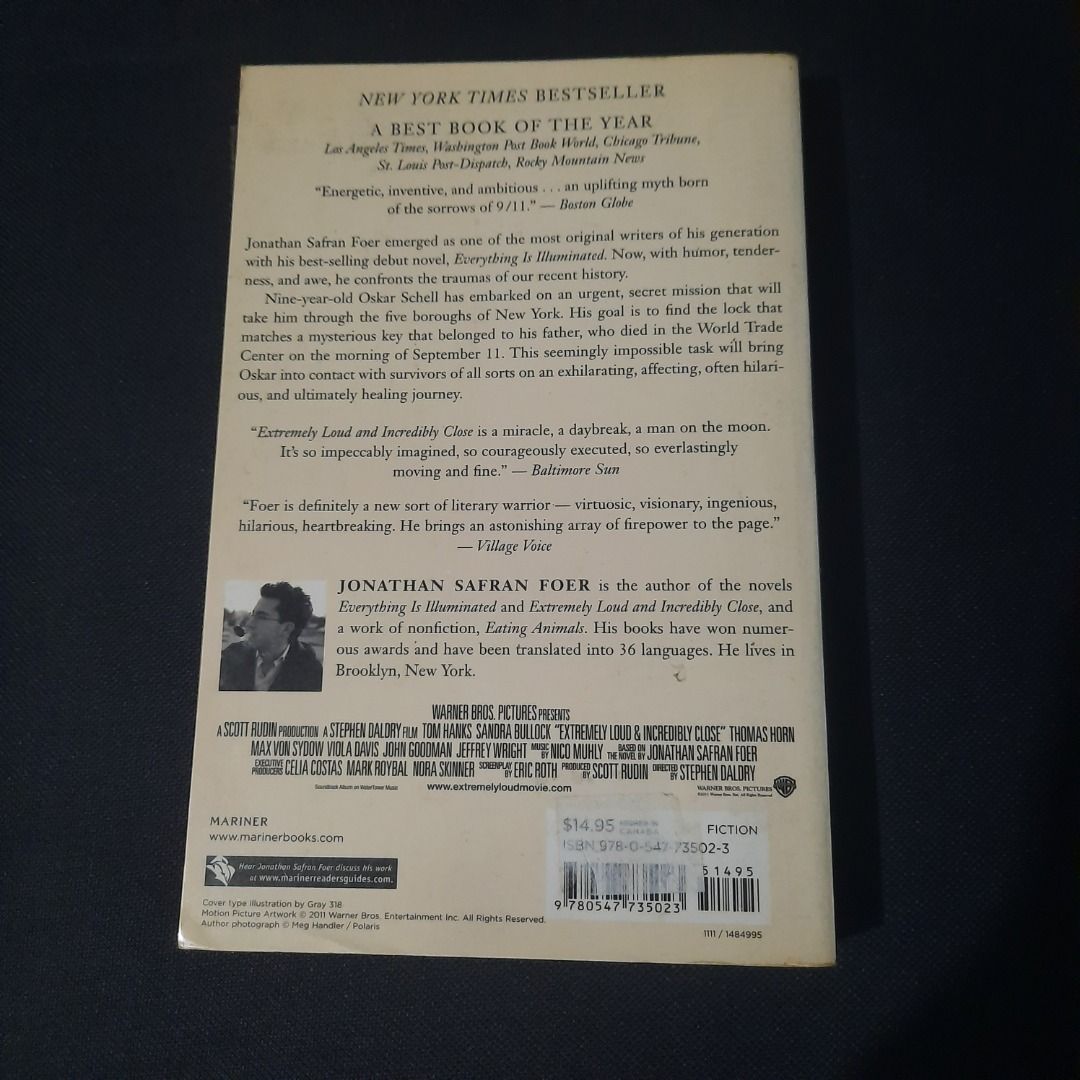 Extremely Loud and Incredibly Close by Jonathan Safran Foer (Category: Storybooks) located in Caloocan City. Submitted by preloved.decluttering (Listing ID 1320565227, Image 2). Description: Extremely Loud and Incredibly Close by Jonathan Safran Foer Trade paperback.