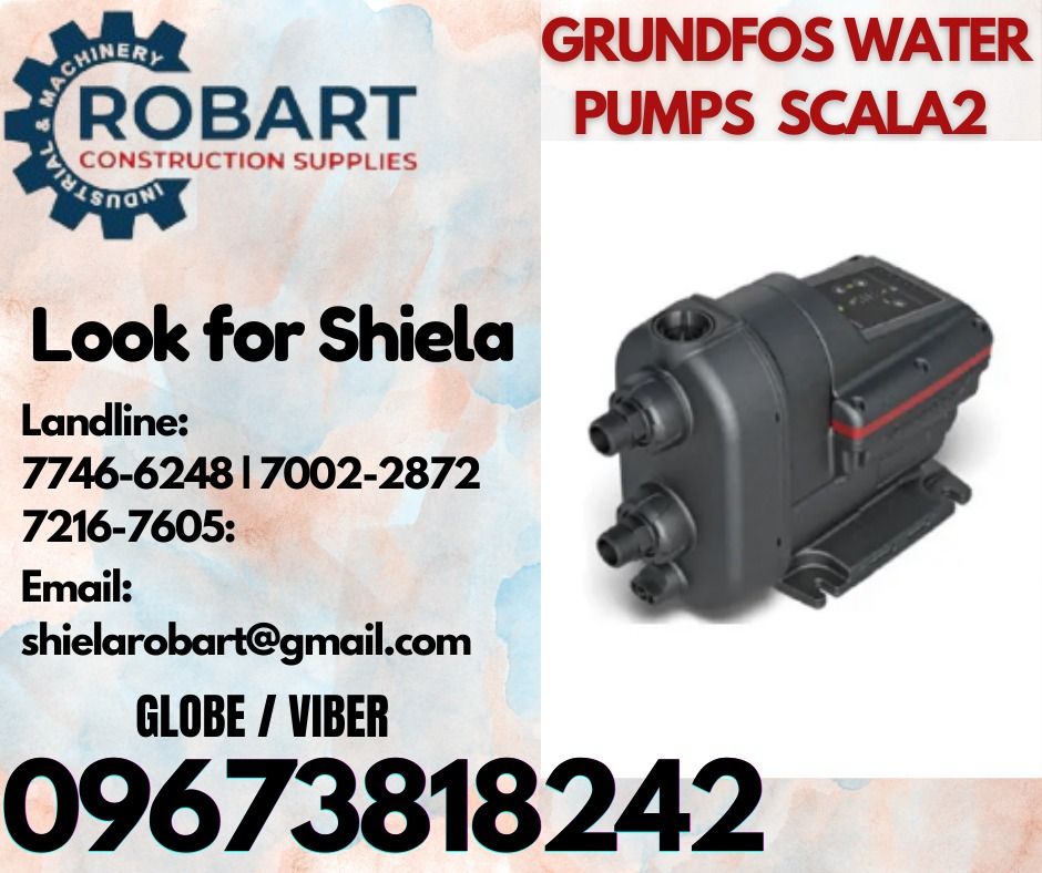 GRUNDFOS WATER PUMPS SCALA2 (Category: Construction Tools & Equipment) located in Caloocan City. Submitted by shielaroba44709 (Listing ID 1320414207, Image 1). Description: GRUNDFOS WATER PUMPS SCALA2 SPECIFICATION: - 47dB noise level - IP Rating: X4D (outdoor installation) - Max Pressure 10 bar/ 145 psi - Voltage: 200-240V, 50/60Hz - Pumped Liquid: Clean, Fresh water & Chlorinated water < 300ppm. - Capacity: 3m3/ 50lpm - Dimensions : 302mm x 403
