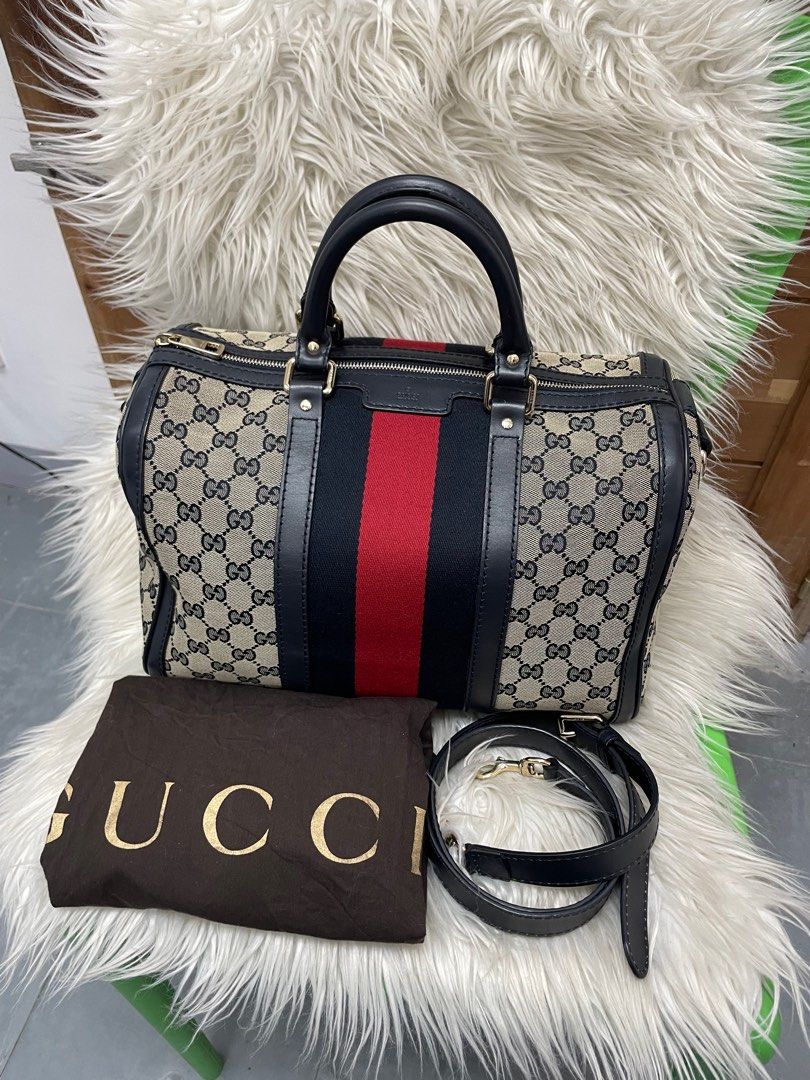 Authentic GUCCI Web Boston Medium Beige Blue GG Canvas Bag