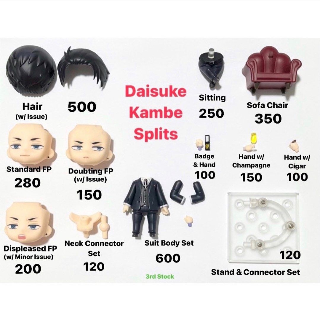Nendoroid Daisuke Kambe Splits (3rd Stock) (Category: Designer & Blind Box Toys) located in San Fernando. Submitted by figurebytes (Listing ID 1320565826, Image 1). Description: Daisuke Kambe Splits (3rd Stock) Availability: *Hair (w/ Issue) *Standard FP *Doubting FP (w/ Issue) *Displeased FP (w/ Minor Issue) *Suit Body Set ❌ *Sitting ❌ *Sofa Chair ❌ *Badge & Hand *Hand w/ Champagne *Hand w/ Cigar *Neck Connector Set *Stand & Connector Set ❎ Hair