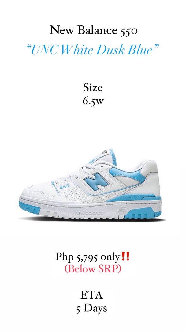 New Balance 550 “UNC White Dusk Blue” (Category: Sneakers) located in Pasig City. Submitted by AnythingPH (Listing ID 1320548959, Image 1). Description: Selling! New Balance 550 “UNC White Dusk Blue” Brand New! Size 6.5w ETA 5 Days Php 5,795 only! (Below SRP) IG: @viderelifestyleph FB: Videre Lifestyle Collection .