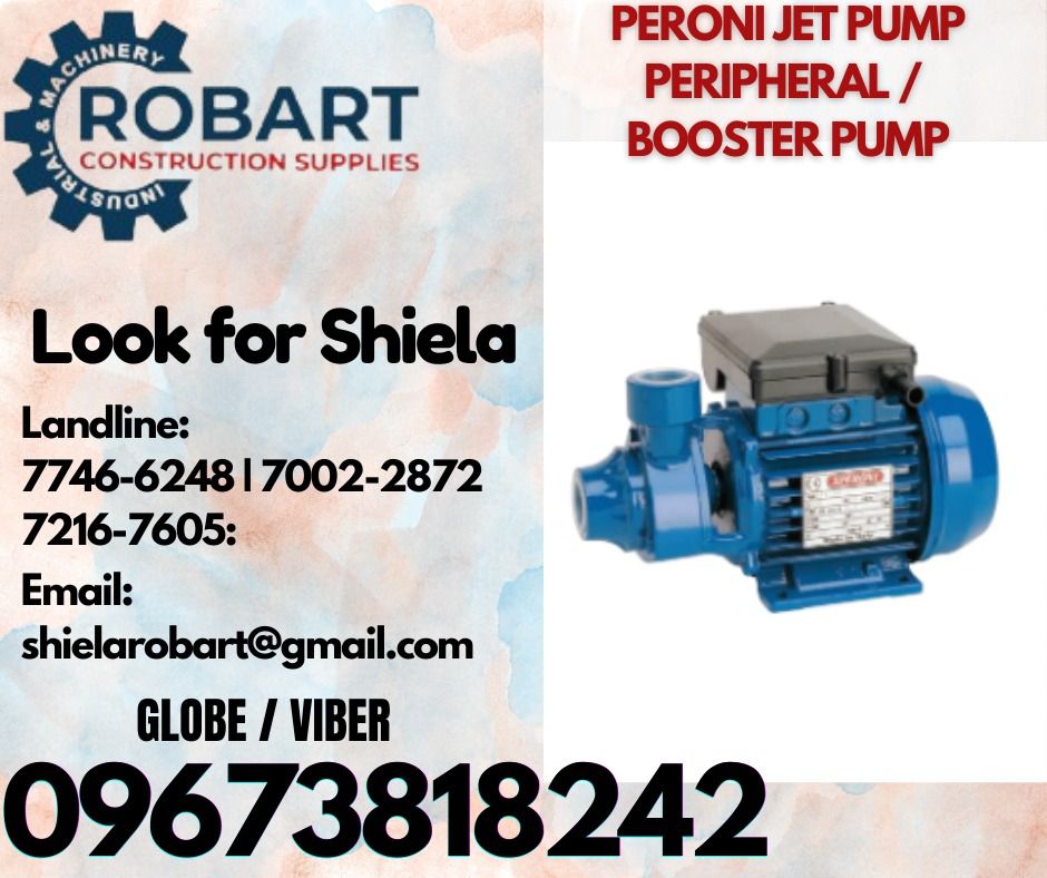 PERONI JET PUMP / PERIPHERAL / BOOSTER PUMP (Category: Construction Tools & Equipment) located in Caloocan City. Submitted by shielaroba44709 (Listing ID 1320412875, Image 1). Description: PERONI JET PUMP / PERIPHERAL / BOOSTER PUMP Model : KPM - 50 HP : 1/2 𝑹𝑶𝑩𝑨𝑹𝑻 𝑪𝑶𝑵𝑺𝑻𝑹𝑼𝑪𝑻𝑰𝑶𝑵 𝑺𝑼𝑷𝑷𝑳𝑰𝑬𝑺 Office Address: 1405 Yuseco St. Sta Cruz Manila SEND US MESSAGE FOR INQUIRIES ‼️ ‼️ Call: 09673818242 / 09662708845 Vibr - (09673818242)