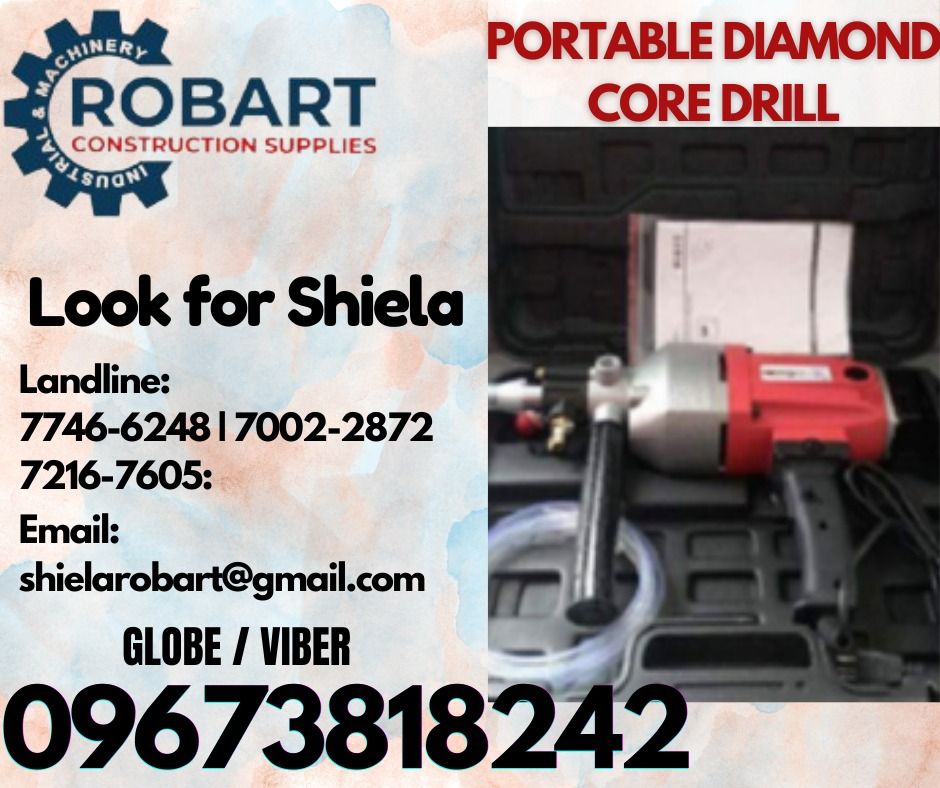 PORTABLE DIAMOND CORE DRILL (Category: Construction Tools & Equipment) located in Caloocan City. Submitted by shielaroba44709 (Listing ID 1320444538, Image 1). Description: PORTABLE DIAMOND CORE DRILL Model No: TST-DCD160 Capacity: 160MM Rated Power: 2000W Voltage: 220V/60Hz Singe Phase 𝑹𝑶𝑩𝑨𝑹𝑻 𝑪𝑶𝑵𝑺𝑻𝑹𝑼𝑪𝑻𝑰𝑶𝑵 𝑺𝑼𝑷𝑷𝑳𝑰𝑬𝑺 Office Address: 1405 Yuseco St. Sta Cruz Manila SEND US MESSAGE FOR INQUIRIES ‼️ ‼️ Call: 09673818242 / 096