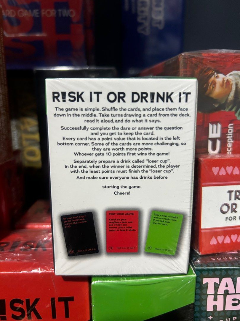 Risk It or Drink It- Card Game (green & red) (Category: Board Games & Puzzles) located in Manila. Submitted by cozzyessentialshopph (Listing ID 1320573681, Image 2). Description: Item: Risk It or Drink It - Card Game Price: P339 per pack Combo bundle: P599 Description: For those who love a good laugh, this card game is all about hilarious dares and outrageous questions. Get ready for a wild time! Have a blast with this fun drinking game at partie