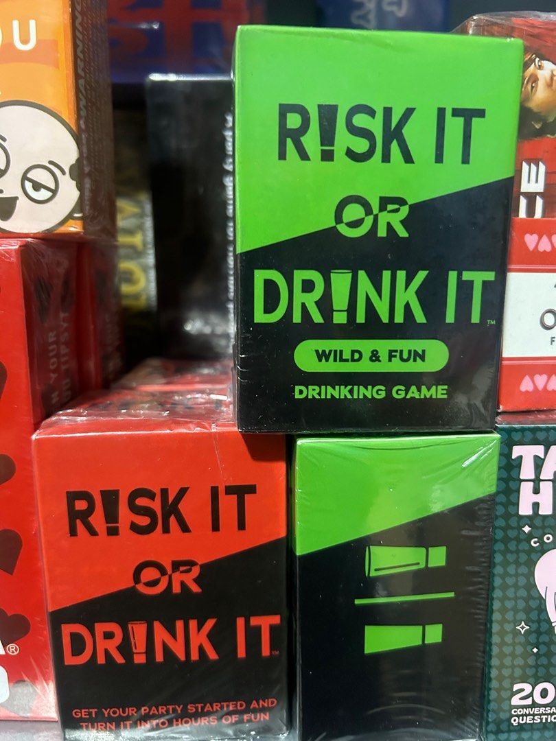 Risk It or Drink It- Card Game (green & red) (Category: Board Games & Puzzles) located in Manila. Submitted by cozzyessentialshopph (Listing ID 1320573681, Image 1). Description: Item: Risk It or Drink It - Card Game Price: P339 per pack Combo bundle: P599 Description: For those who love a good laugh, this card game is all about hilarious dares and outrageous questions. Get ready for a wild time! Have a blast with this fun drinking game at partie