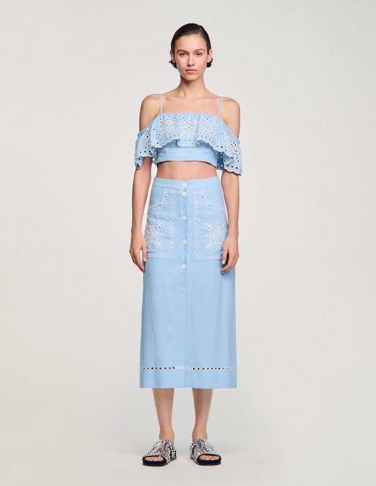 Sandro Sky Light Blue Broderie-anglaise high-rise linen