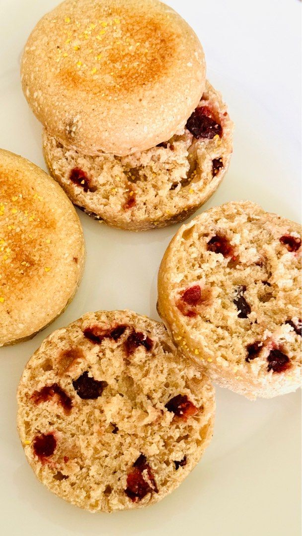 Organic Sourdough Cinnamon and Cranberries English Muffins, Freshly Baked, Homemade with Natural Fermentation 10pcs (Category: Homemade Bakes) located in Singapore. Submitted by breadandcrust (Listing ID 1313978213, Image 3). Description: Freshly baked Sourdough Cinnamon and Cranberries English Muffins. Indulge in the delightful aroma and flavour of freshly baked sourdough cinnamon and cranberries English muffins, made with natural fermentation. 