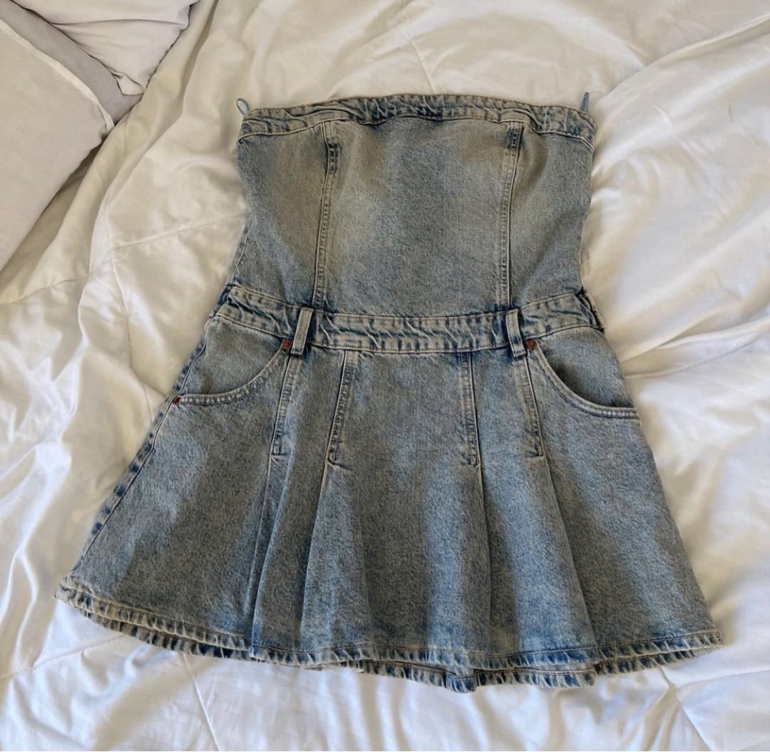pleated denim dress zara NWT Zara Pleated Denim Sleeveless Mini Dress