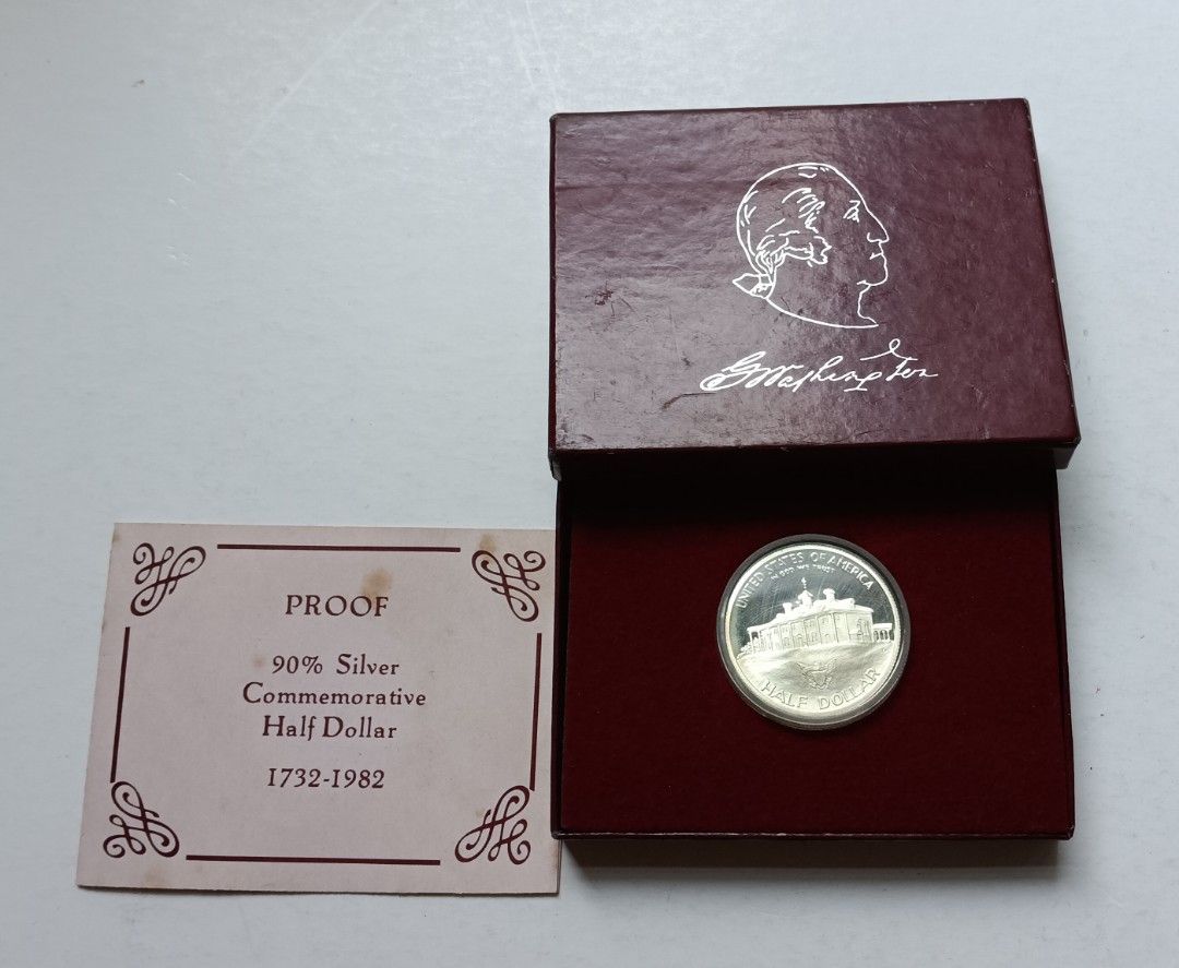 美國1982年［華盛頓誕生250周年］紀念銀幣一枚（連盒），全新, 興趣及遊戲, 收藏品及紀念品, 錢幣- Carousell