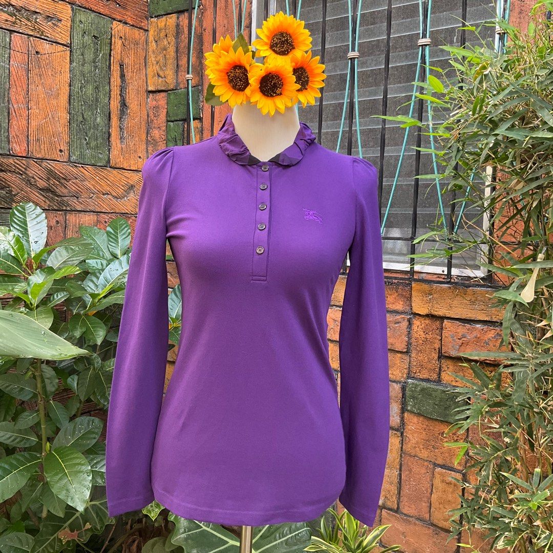 Burberry Brit Long sleeve shirt women s PURPLE Cotton Pique Nova Check Trim Detail Polo Shirt Long sleeve Estimate size XS Small Luxury Apparel on Carousell