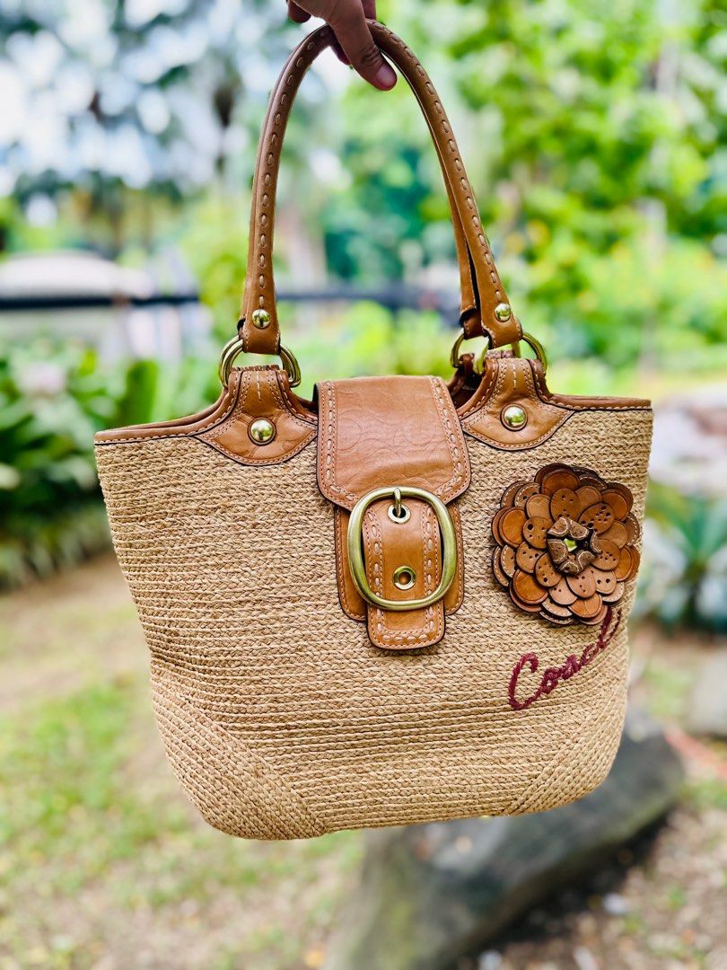 Coach straw bag with flowers on sale
