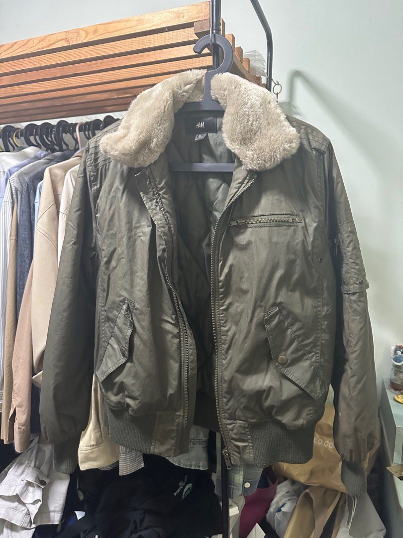 H&M green bomber jacket aviator faux fur collar military, Men's