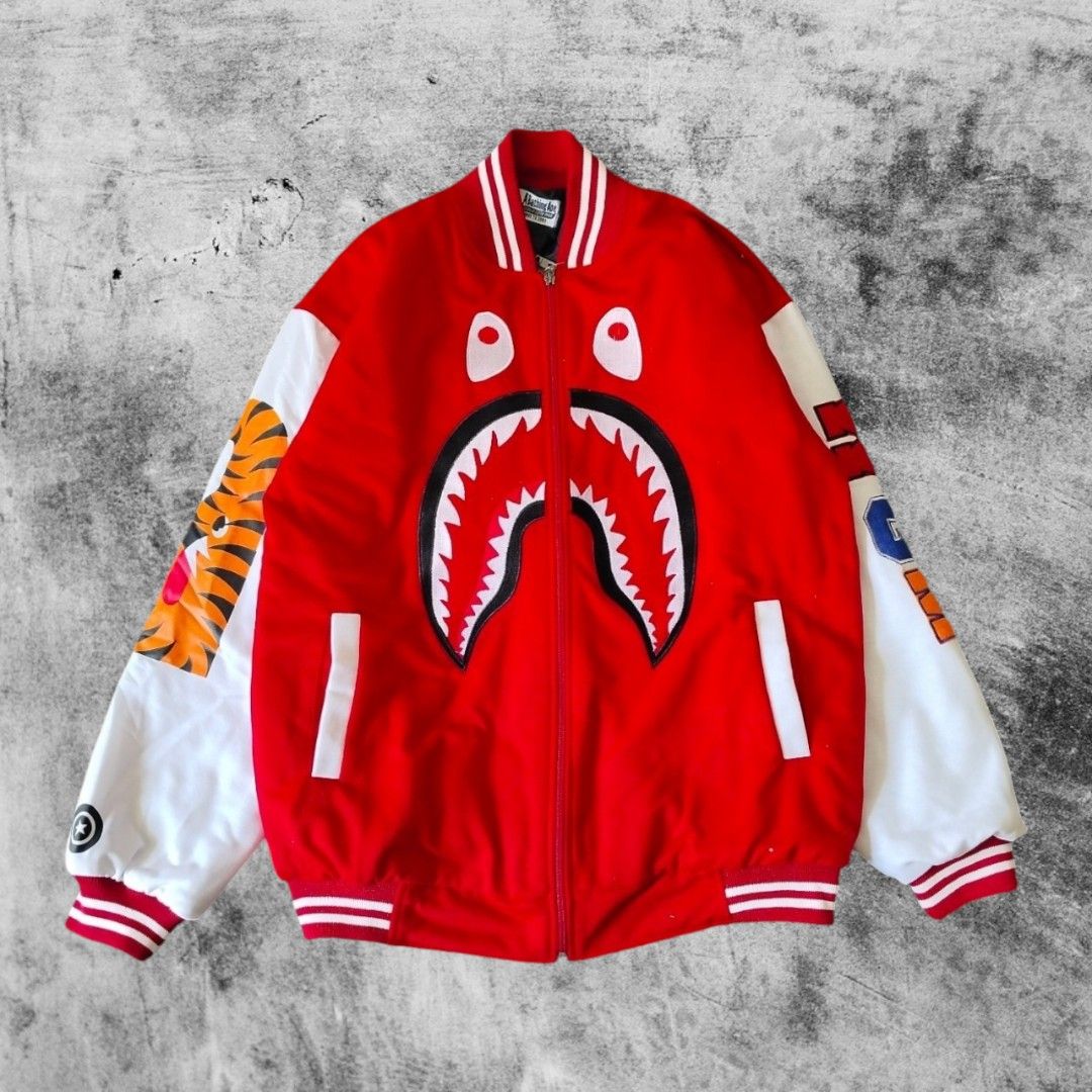 Jaket Varsity Bape Shark WGM A Bathing Ape Zipper Merah