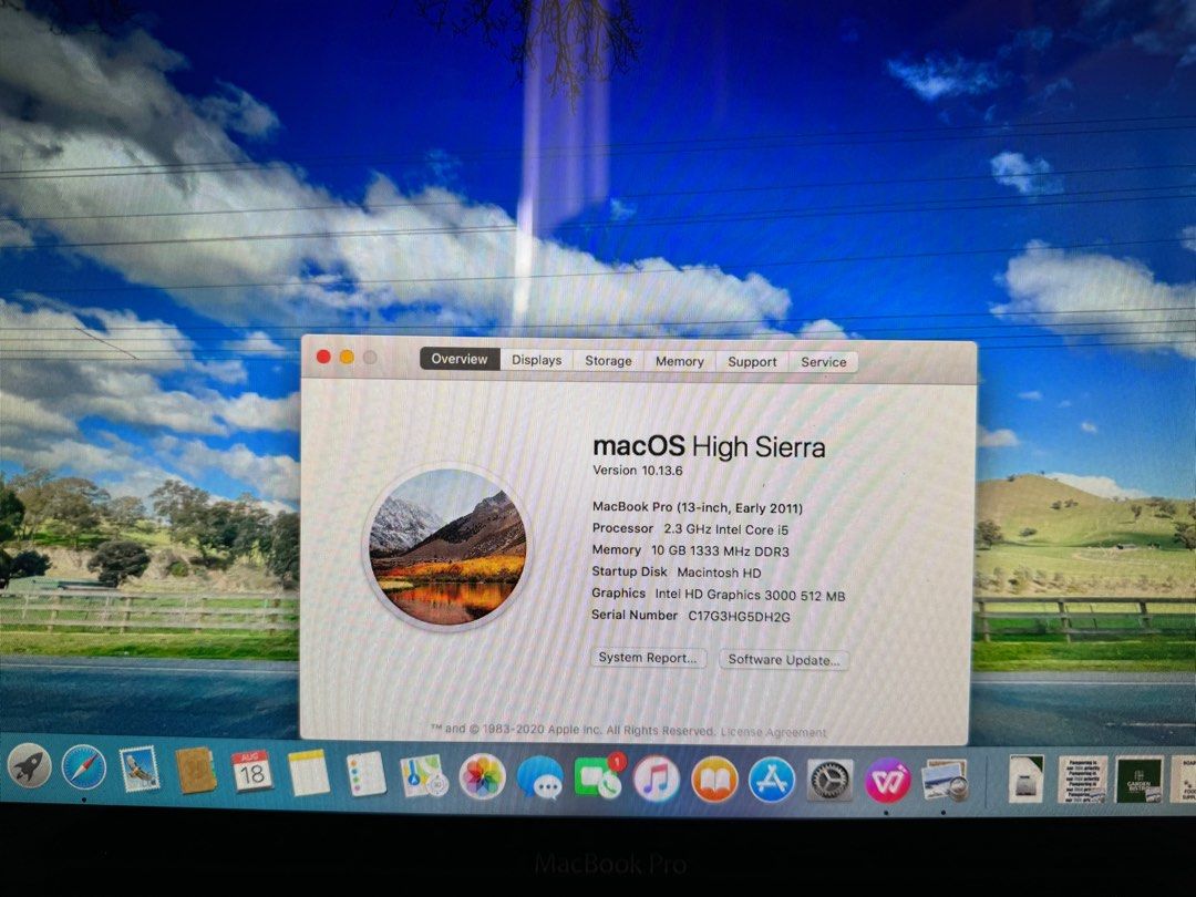 MacBook Pro 2011 (Category: Laptops & Notebooks) located in Las Pinas. Submitted by pure.sunyy (Listing ID 1320633697, Image 1). Description: Used - Fair 13-inch, Early 2011, High Sierra Processor: 2.3 GHz Intel Core i5 Memory: 10 GB 1333 MHz DDR3 Graphics: Intel HD Graphics 3000 512 MB Works well for school or work including light editing Mic and camera are good Keyboard and ports are working Comes with charger No box Issue: Blown speakers if on