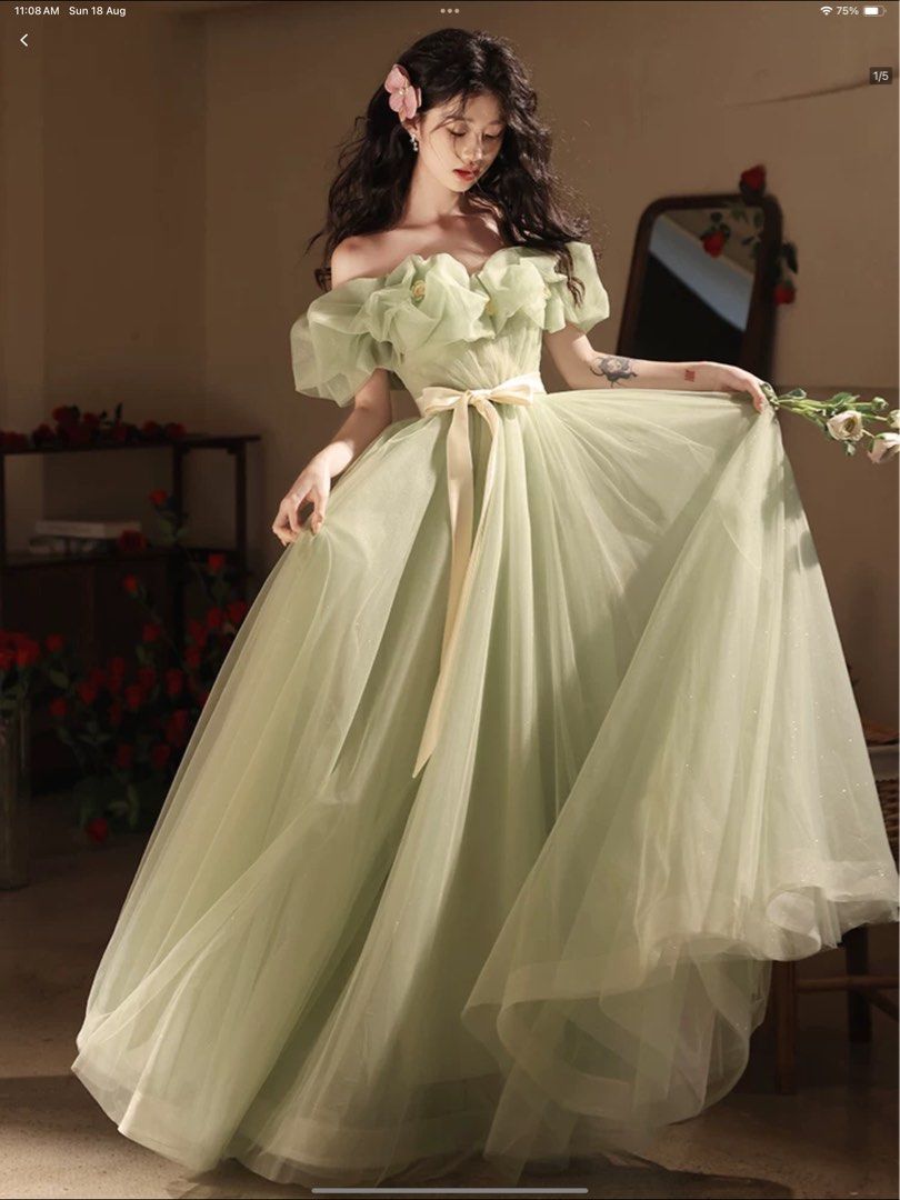 PO sage green princess fairy gown with complementing cream colour