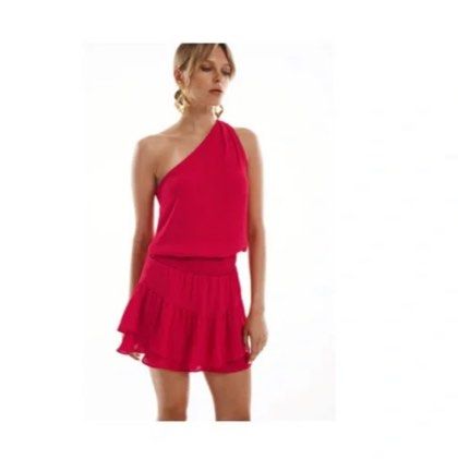 Rtp292 Krisa One Shoulder Ruffle Mini in Cherry Red